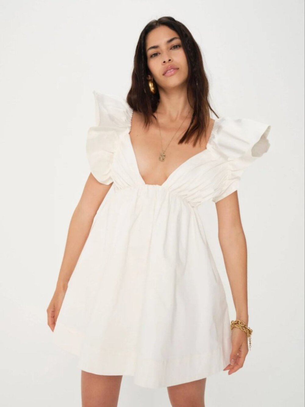 NWT For Love & Lemons Clementine Mini Dress White Babydoll Flutter Size XS